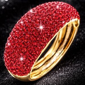 RUBY RED Pave Set Crystal Cz BLING statement piece Domed Bangle Bracelet Gold